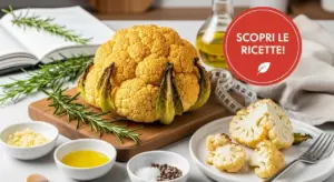 Cavolfiore arrostito su piatto con ingredienti e olio extravergine di oliva su tavolo da cucina