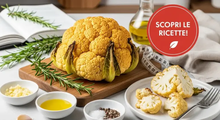 Cavolfiore arrostito su piatto con ingredienti e olio extravergine di oliva su tavolo da cucina