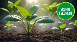 Piantine verdi in crescita con gocce d'acqua su terreno fertile illuminato dal sole