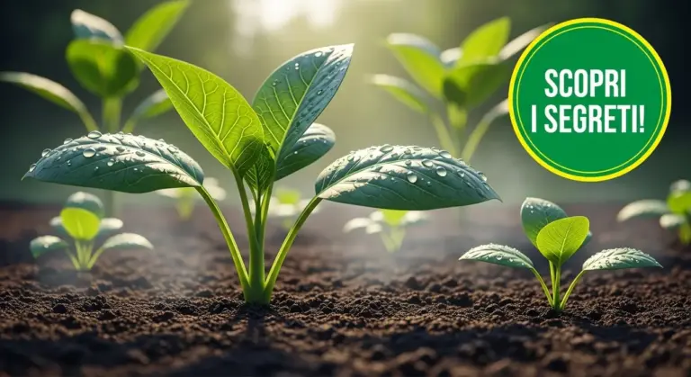 Piantine verdi in crescita con gocce d'acqua su terreno fertile illuminato dal sole