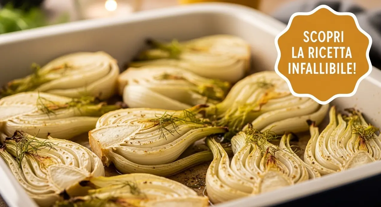 Finocchi tagliati e cotti al forno in una teglia, pronti per essere serviti