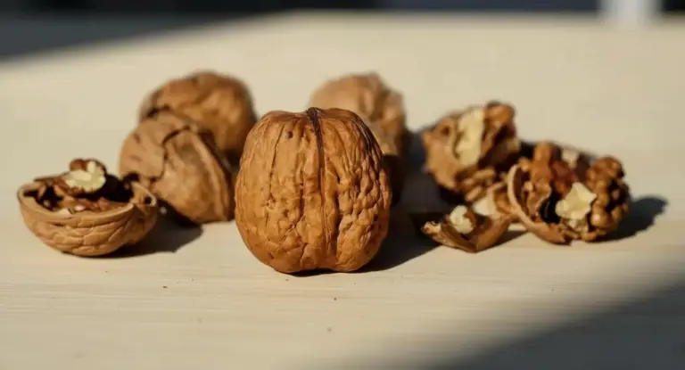 Noci intere e sgusciate appoggiate su una superficie chiara