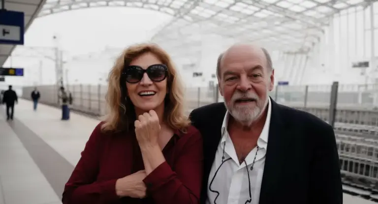 Due persone sorridenti in posa su un marciapiede ferroviario coperto.