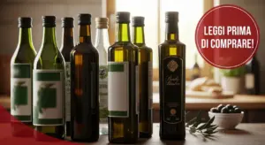 Bottiglie di olio d'oliva su un tavolo da cucina con un rametto di ulivo e ciotola di olive nere