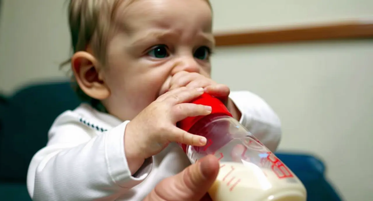 Neonato che beve da un biberon tenuto da un adulto