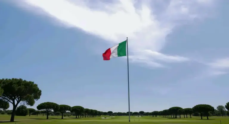 Bandiera italiana che sventola su un grande prato con alberi e cielo sereno