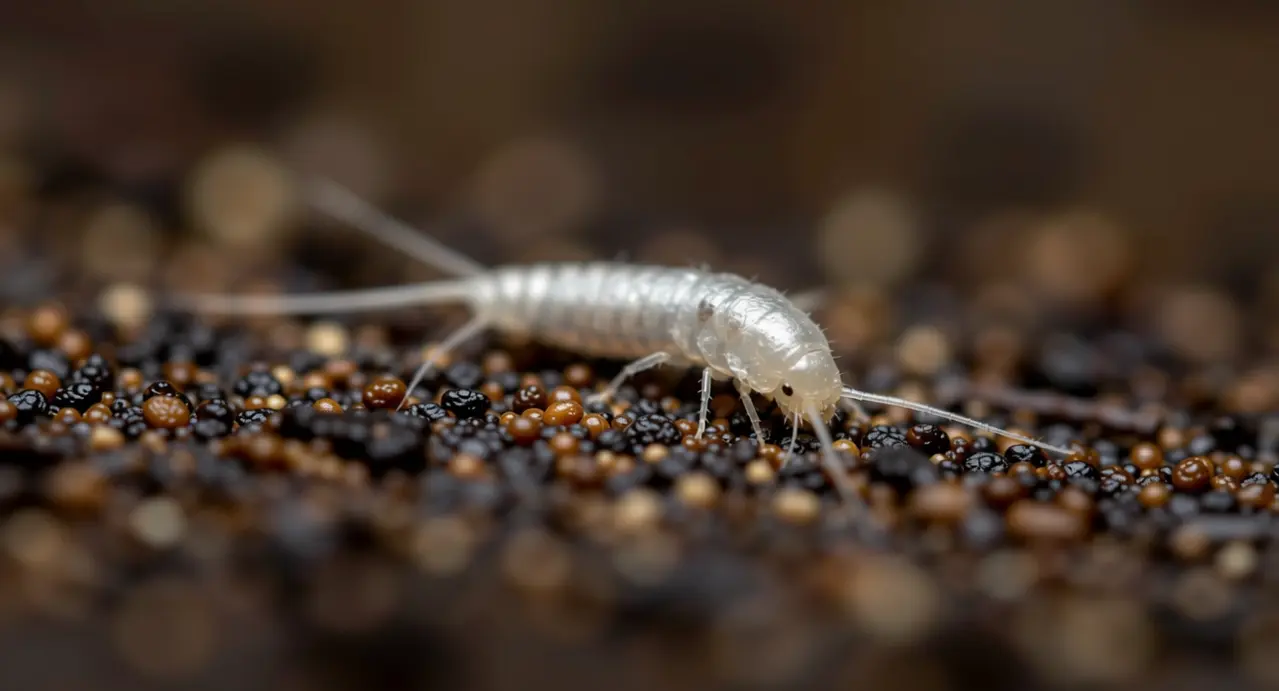 Un pesciolino d'argento su una superficie con granelli colorati