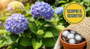 Ortensie in fiore con vaso coperto da paglia e cubetti di ghiaccio nel terreno