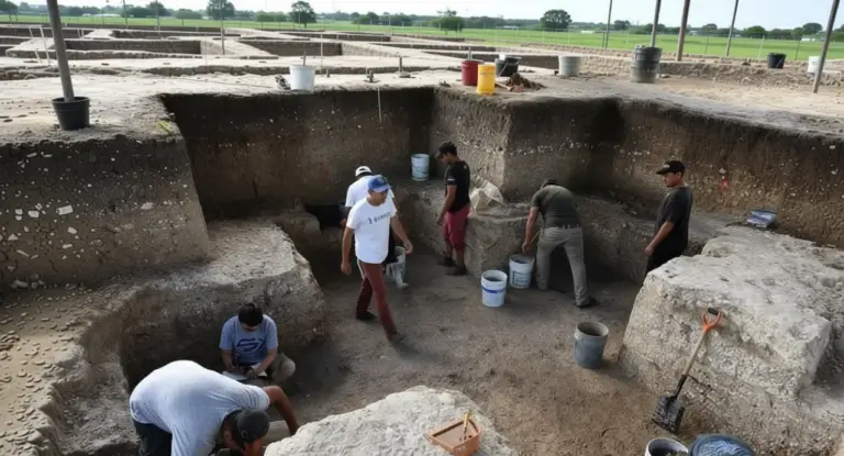 Persone al lavoro in uno scavo archeologico presso un sito Maya