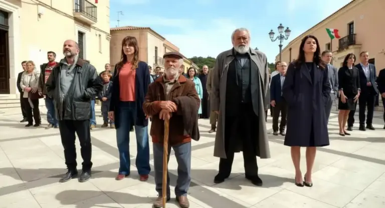 Un gruppo di persone in piedi in una piazza di un paese, in una scena del film La vita va così