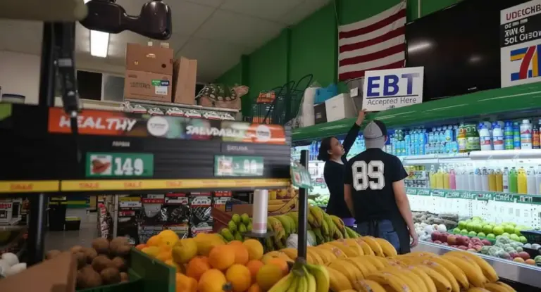 Due persone in un negozio alimentare vicino a un cartello EBT con frutta e prodotti esposti