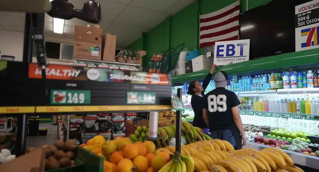 Due persone in un negozio alimentare vicino a un cartello EBT con frutta e prodotti esposti