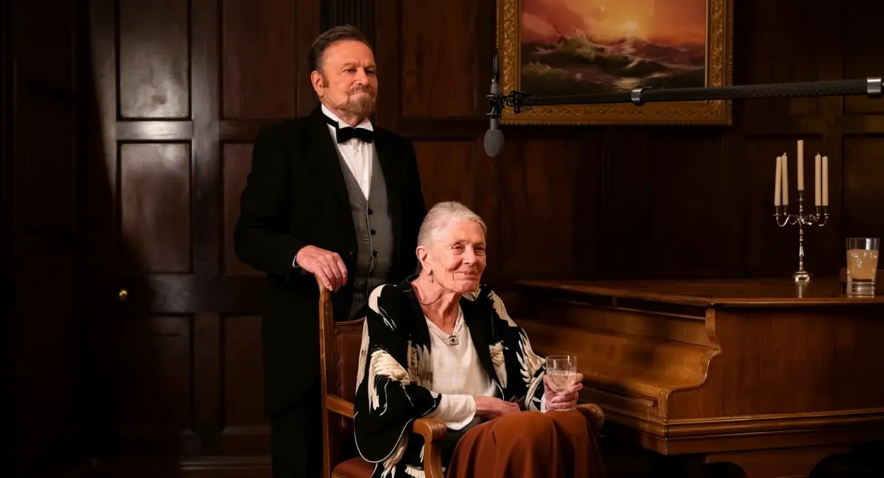 Due persone in un elegante ambiente con pianoforte e arredamento classico