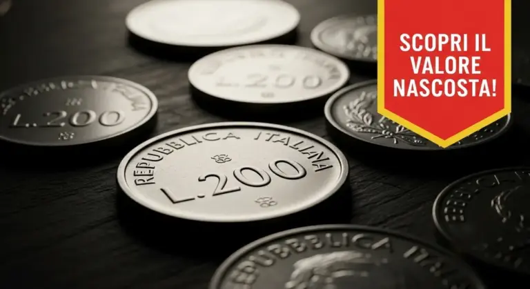 Vecchie monete da 200 lire italiane disposte su una superficie scura